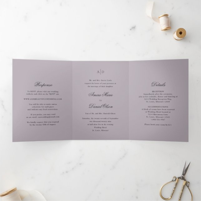 Clean Dusty Lilac Classic Wedding Tri-Fold Invitation (Inside)