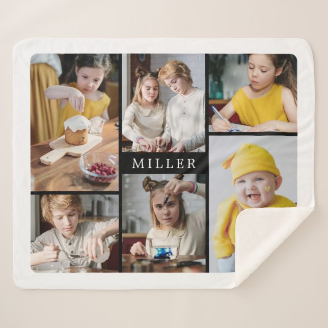 Clean Elegant Black Family 6 Photo Collage Sherpa Blanket (Front (Horizontal))