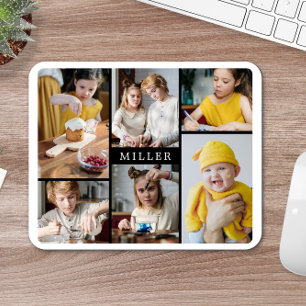 Clean Elegant Black White Family 6 Photo Collage Mouse Mat
