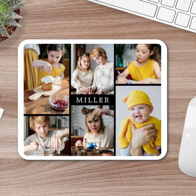 Clean Elegant Black White Family 6 Photo Collage Mouse Mat (Creator Uploaded)