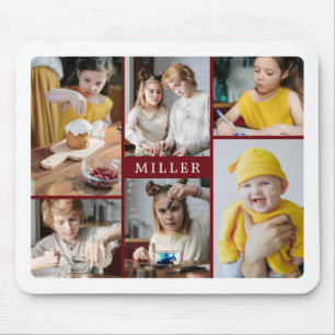 Clean Elegant Burgundy Family 6 Photo Collage Mouse Mat