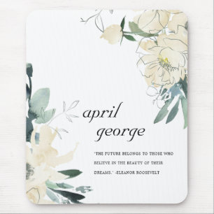 CLEAN ELEGANT IVORY WHITE GREEN FLORAL WATECOLOR MOUSE MAT