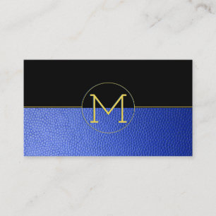 Clean Elegant Monogram Blue Faux Leather & Black Business Card