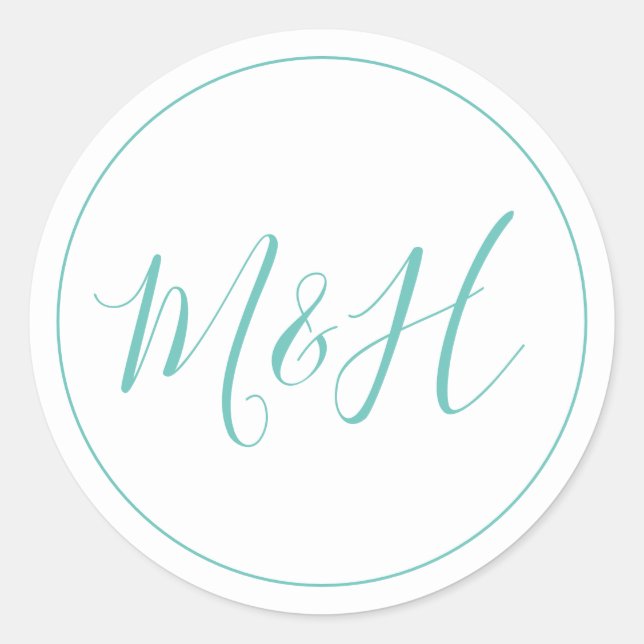 Clean Elegant Monogram Teal Wedding Classic Round Sticker (Front)