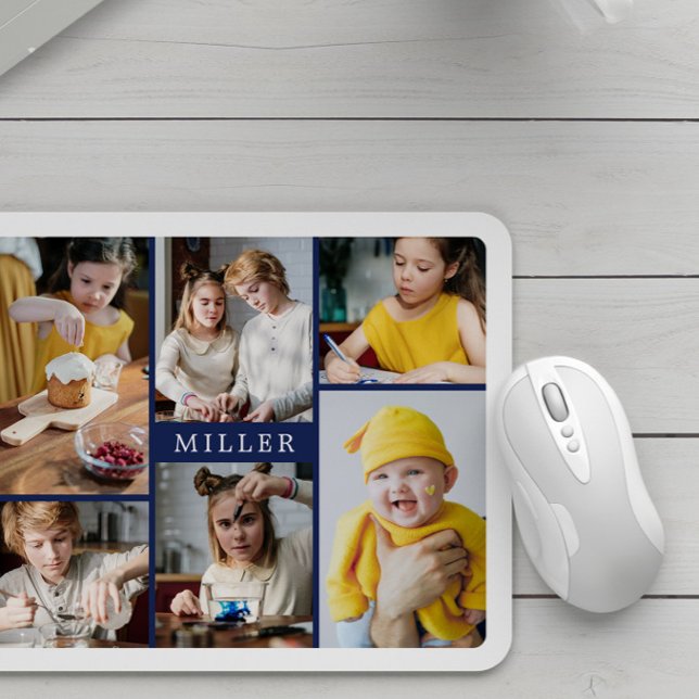 Clean Elegant Navy Blue Family 6 Photo Collage Mouse Mat (Creator Uploaded)