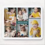 Clean Elegant Teal Family 6 Photo Collage Mouse Mat<br><div class="desc">Photo mouse pad with a photo collage of six photos surrounding your family name in a clean,  minimalist design in white and dark teal.</div>
