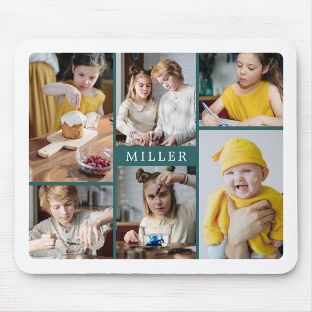 Clean Elegant Teal Family 6 Photo Collage Mouse Mat (Front)