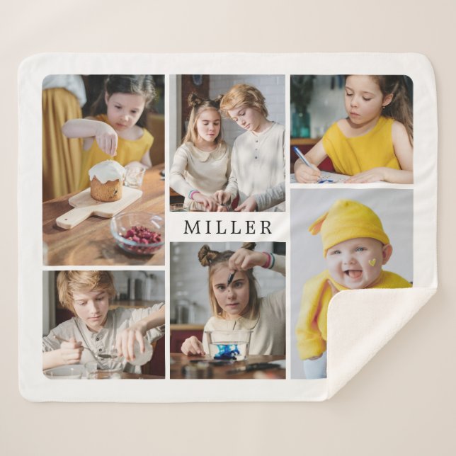 Clean Elegant White Family 6 Photo Collage Sherpa Blanket (Front (Horizontal))