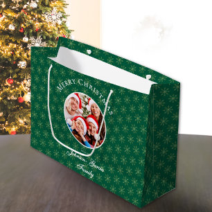 Clean Forest Green Snowflakes Christmas Large Gift Bag