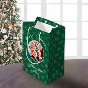 Clean Forest Green Snowflakes Christmas Medium Gift Bag
