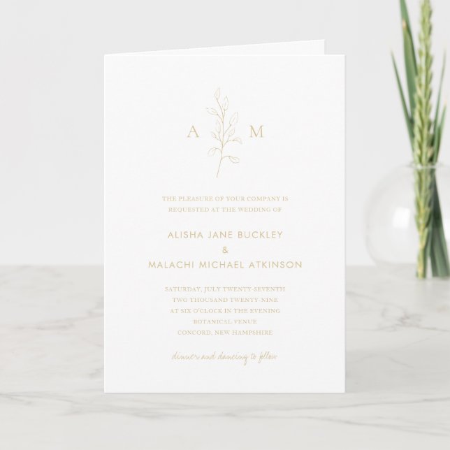 Clean Gold Botanical Photo Elegant Wedding Invitation (Front)