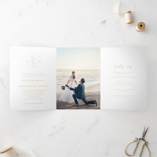 Clean Gold Botanical Photo Elegant Wedding Tri-Fold Invitation (Inside)