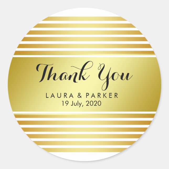 Clean Gold Striped Thank You Wedding Classic Round Sticker (Front)