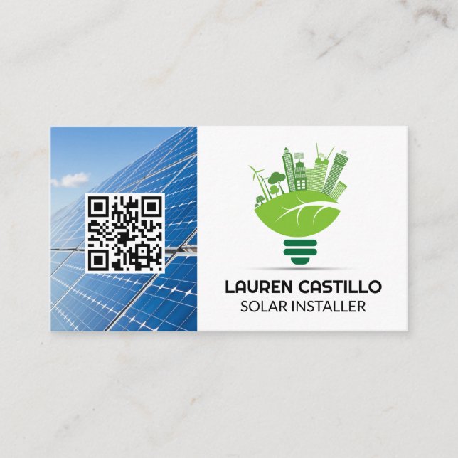 Clean Green Energy Logo | Solar Panels | QR Business Card (Front)