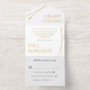 Clean Grey White Gold Arrow Minimalist Wedding All In One Invitation