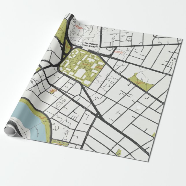 CLEAN HARVARD UNIVERSITY MASSACHUSETTS OUTLINE MAP WRAPPING PAPER (Unrolled)