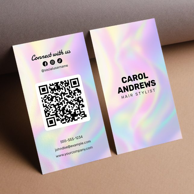 Clean Holographic Connect with us Hairdresser Business Card (Creator Uploaded)