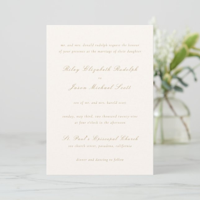 Clean Ivory and Gold Elegant Wedding Invitation (Standing Front)