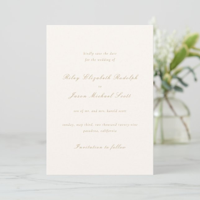 Clean Ivory and Gold Elegant Wedding Save The Date (Standing Front)