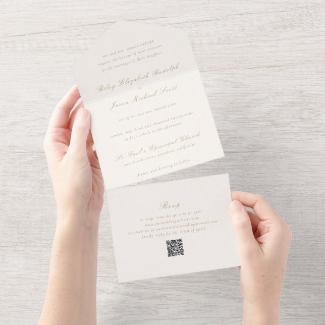 Clean Ivory and Gold QR Code Elegant Wedding All In One Invitation (Tearaway)