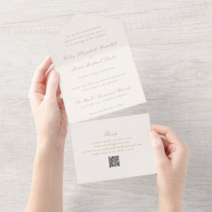 Clean Ivory and Gold QR Code Elegant Wedding All In One Invitation