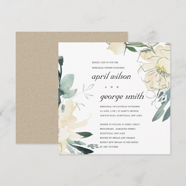 CLEAN IVORY GREEN FLORAL REHEARSAL DINNER INVITE (Front/Back)