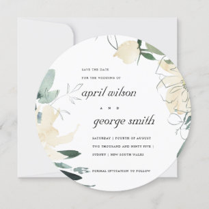 CLEAN IVORY WHITE GREEN FLORAL SAVE THE DATE CARD