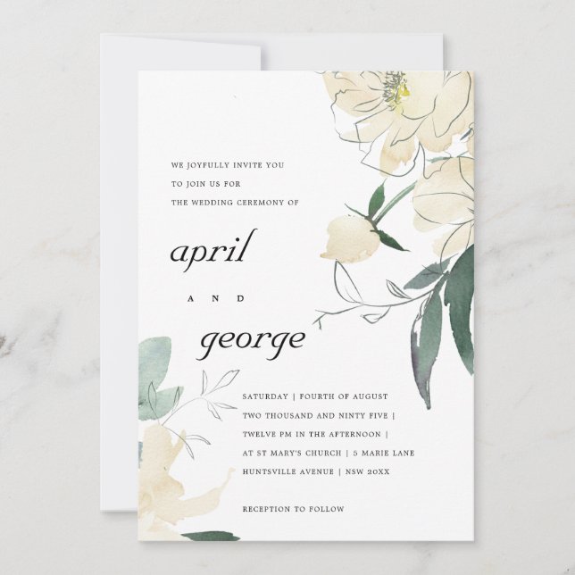 CLEAN IVORY WHITE WATERCOLOR FLORAL WEDDING INVITE (Front)
