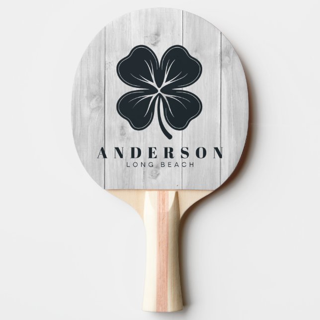 Clean Light Gray Wooden Four Leaf Clover with Name Ping Pong Paddle (Back)