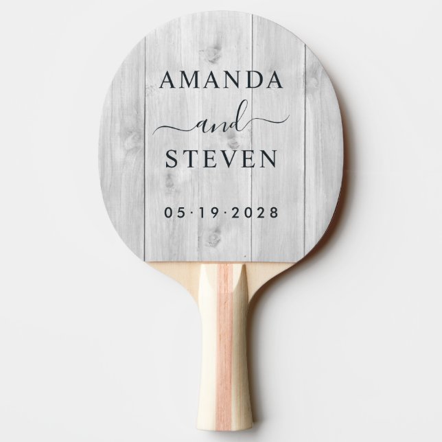 Clean Light Grey Couple Names with Wedding Date Ping Pong Paddle (Back)