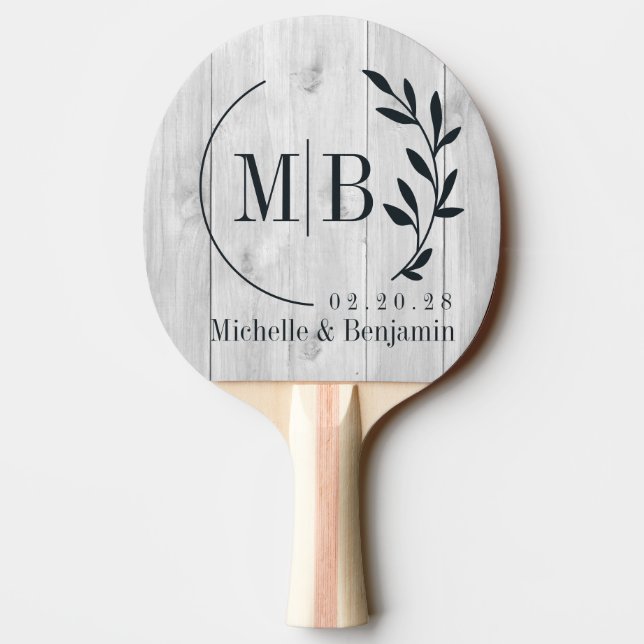 Clean Light Grey Wooden Leaf Wedding Monogram Ping Pong Paddle (Back)