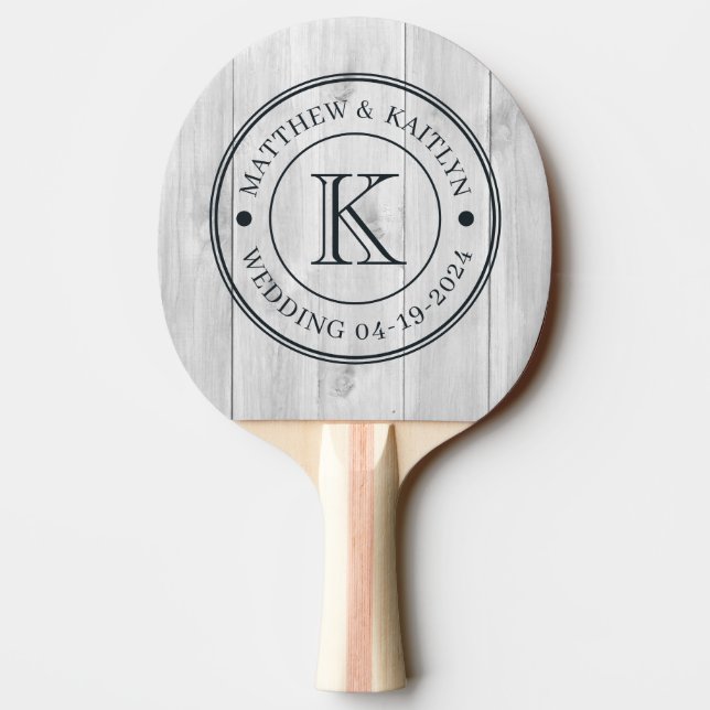Clean Light Grey Wooden  Wedding Monogram Ping Pong Paddle (Back)