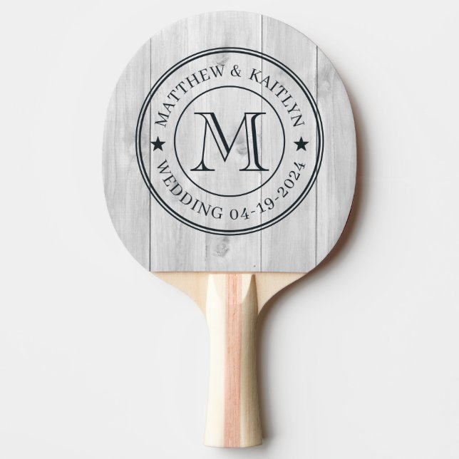Clean Light Grey Wooden Wedding Monogram Star Ping Pong Paddle (Front)