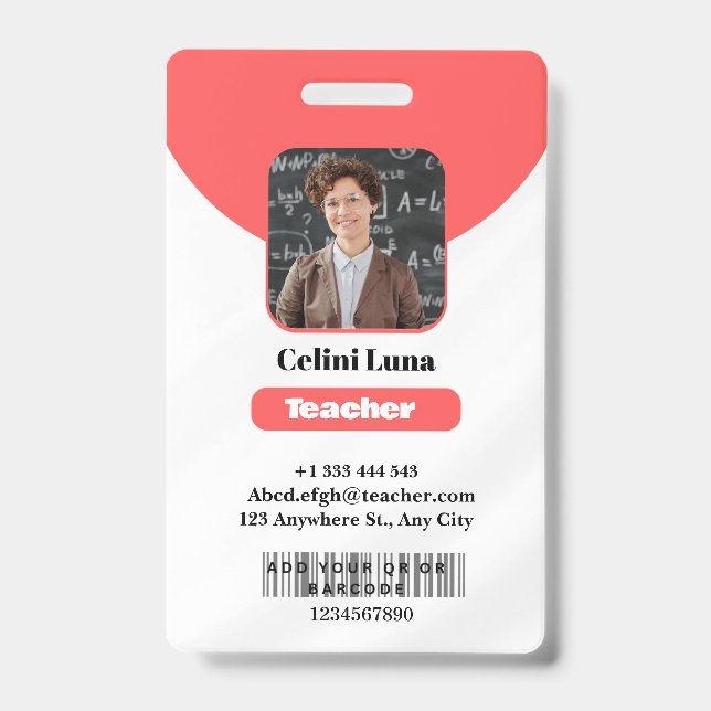 Clean Lines & Class: Minimalist Red Teacher ID Badge (Front)