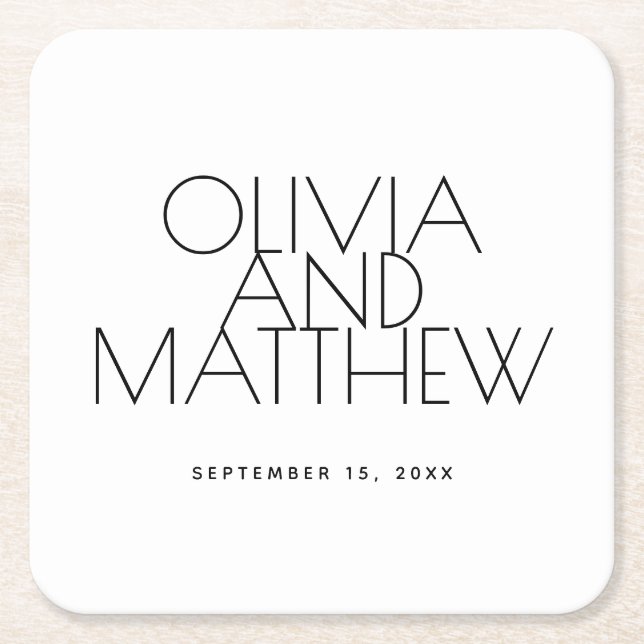Clean Minimal Wedding | Elegant Simple Typography Square Paper Coaster (Front)
