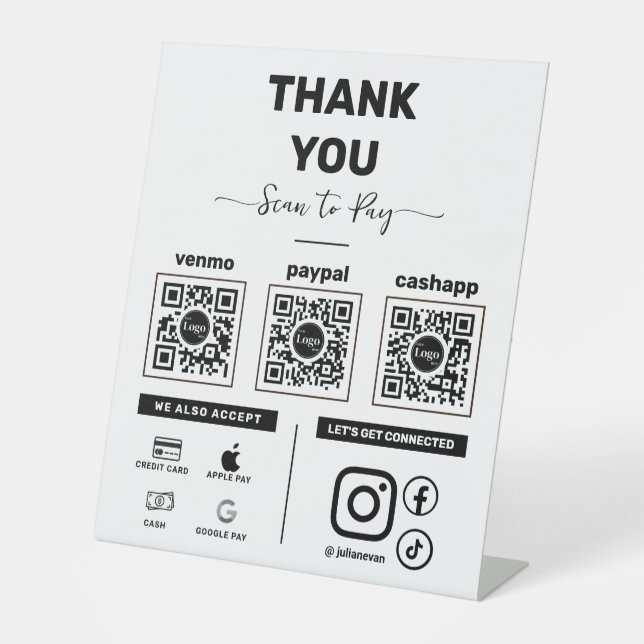 Clean Minimalist Scan to pay 3 QR Codes Thank you Pedestal Sign (Front)