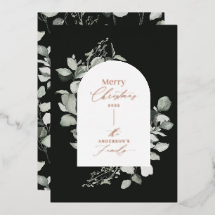 Clean modern elegant botanical black green foil holiday card