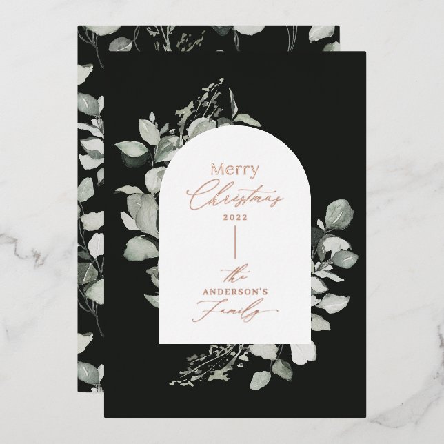 Clean modern elegant botanical black green foil holiday card (Front/Back)
