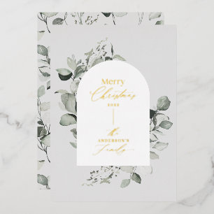 Clean modern elegant botanical green grey foil hol holiday card