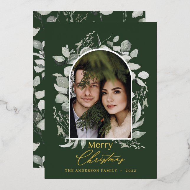 Clean modern elegant botanical green grey photo fo foil holiday card (Front/Back)