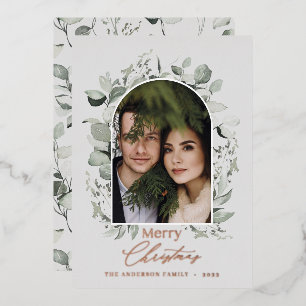 Clean modern elegant botanical green grey photo fo foil holiday card