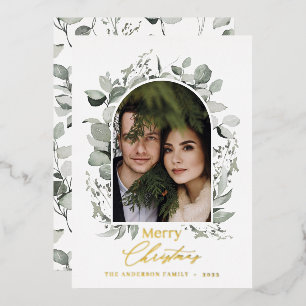 Clean modern elegant botanical green grey photo foil holiday card