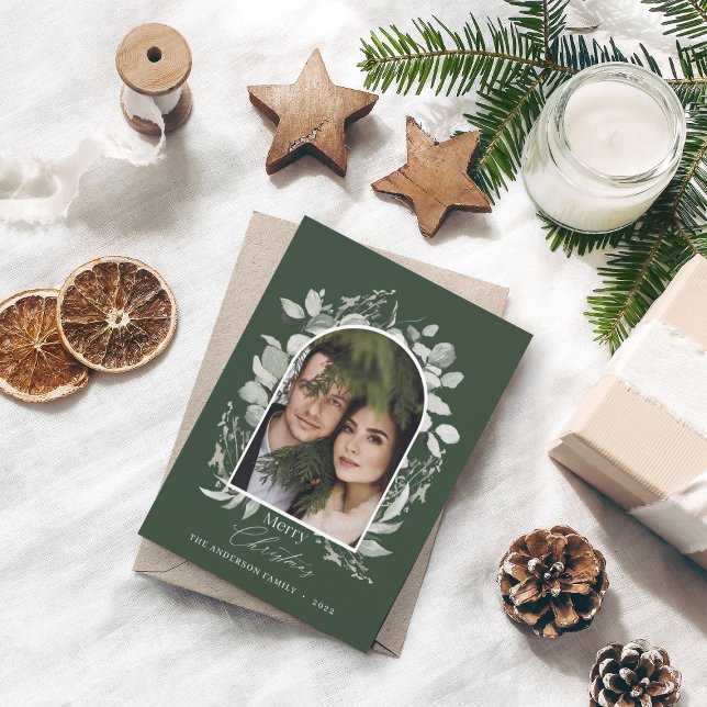 Clean modern elegant botanical green grey photo ho holiday card (Creator Uploaded)