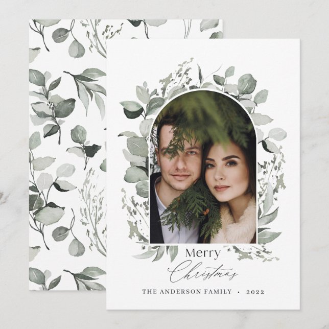 Clean modern elegant botanical green grey photo holiday card (Front/Back)