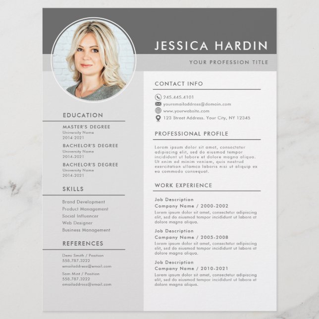 Clean Modern Grey & White Job Resume Photo Flyer (Front)