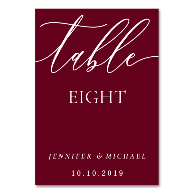 Clean Modern Minimalist Calligraphy Seat burgundy Table Number (Front)