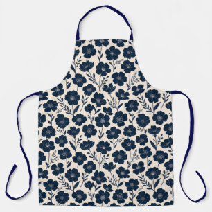Clean monochrome wildflowers in navy on cream apron