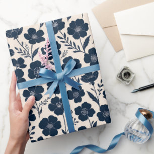 Clean monochrome wildflowers in navy on cream wrapping paper