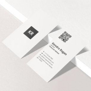 Clean Monogram QR Code Minimal White Vertical Business Card