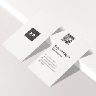 Clean Monogram QR Code Minimal White Vertical Business Card